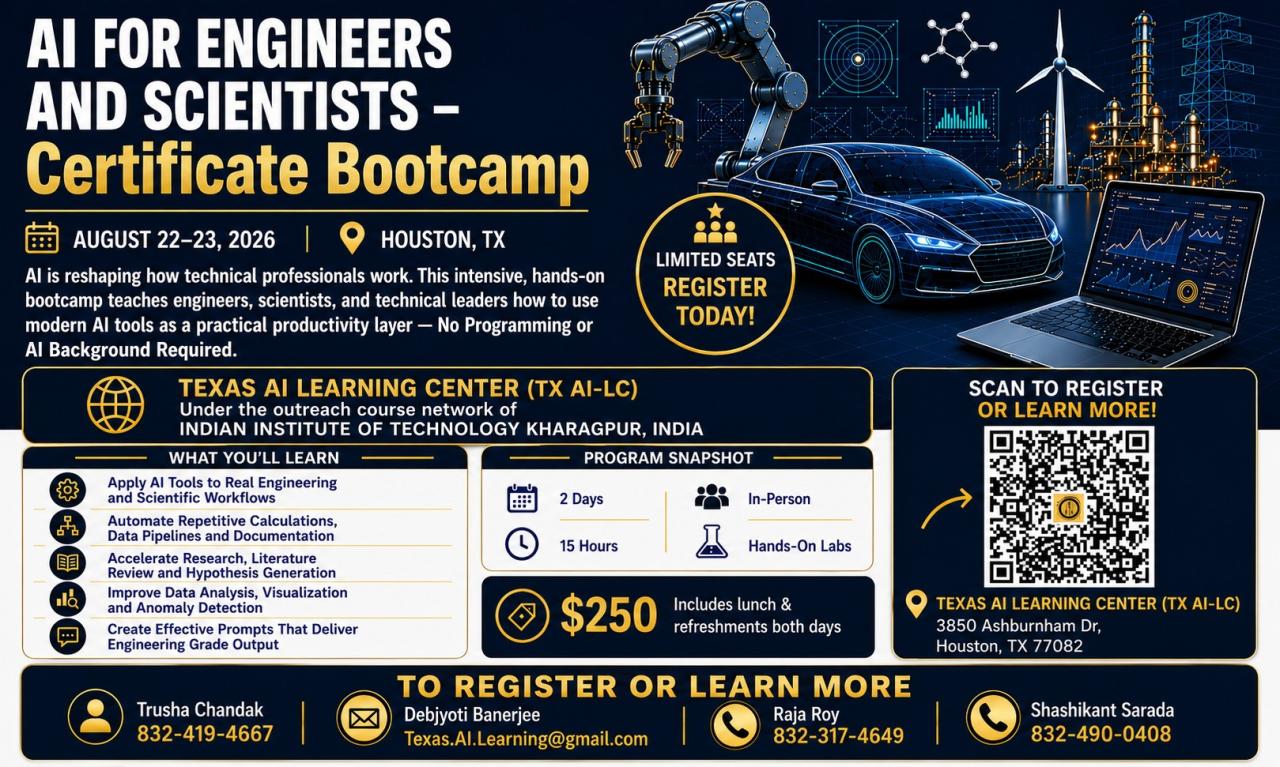 AI for Engineers and Scientists — Certificate Bootcamp flyer, August 22–23 2026, Houston, TX